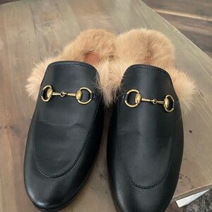 Black Leather Fur-Lined Loafers with Gold Detail